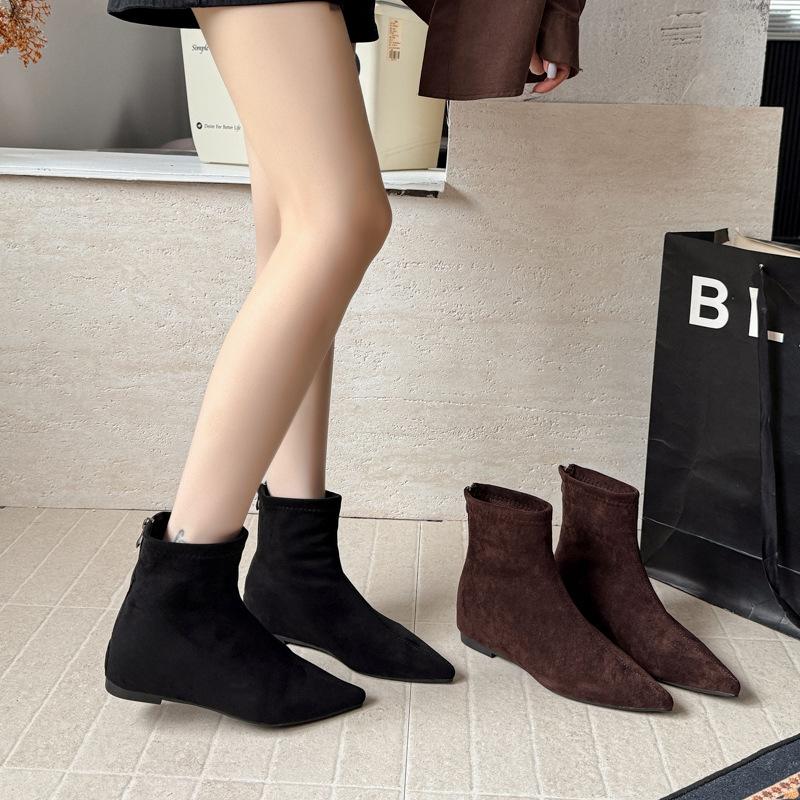 Retro versatile pointed low-heeled short boots women's autumn and winter new suede women's boots rear zipper thin boots