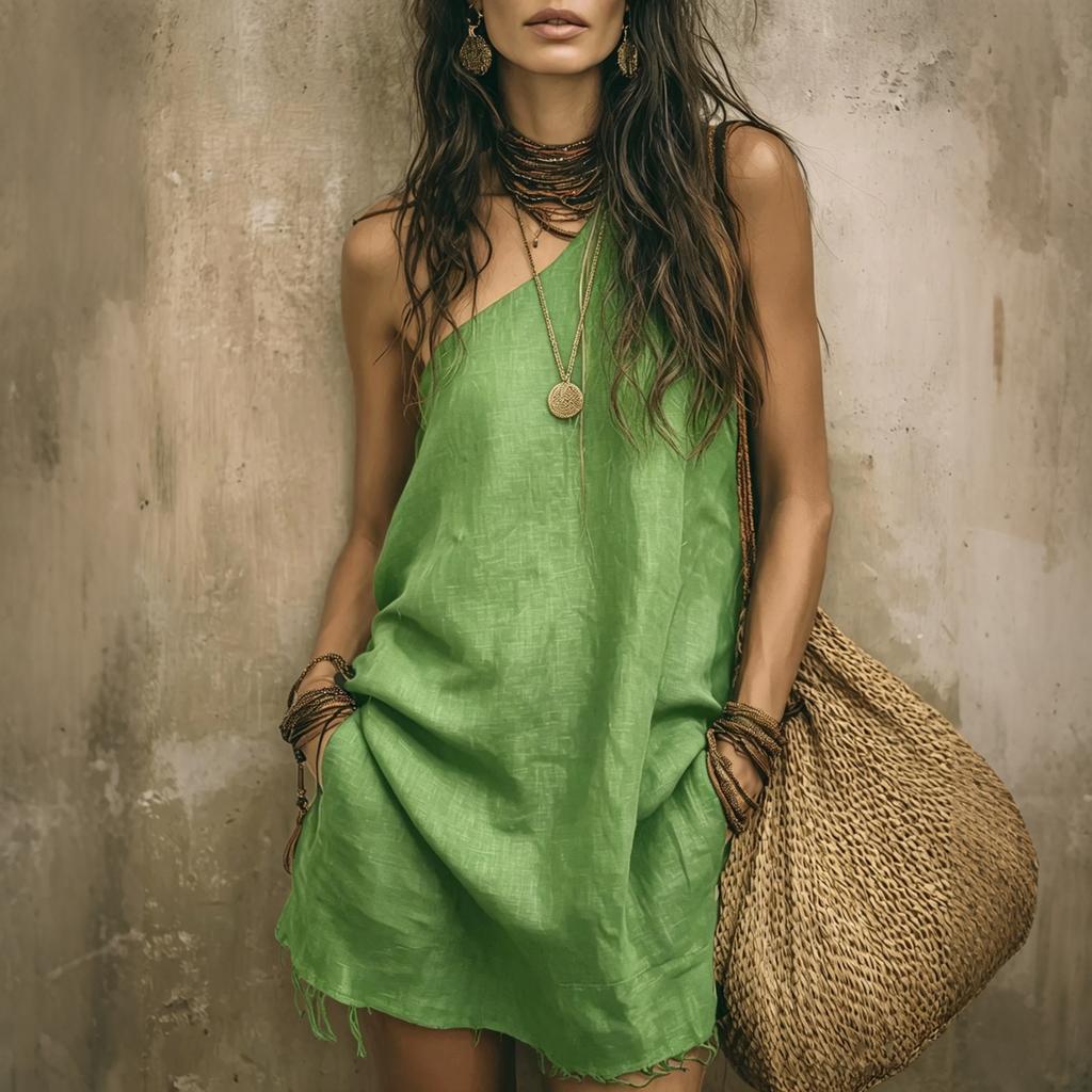 Women’s Casual Sleeveless Loose Fit Pocket Short Dress Cotton Linen Asymmetric Neckline Summer Tunic Style