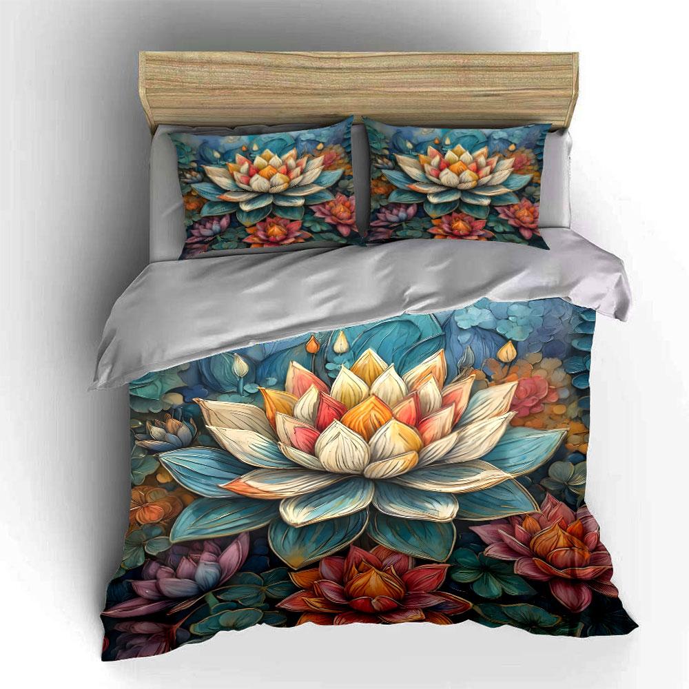 Colorful Lotus With Vibrant Leaves Print Bedding Set 1 Duvet Cover 2 Pillowcases For Adult And Children Luxury Gift Full Size