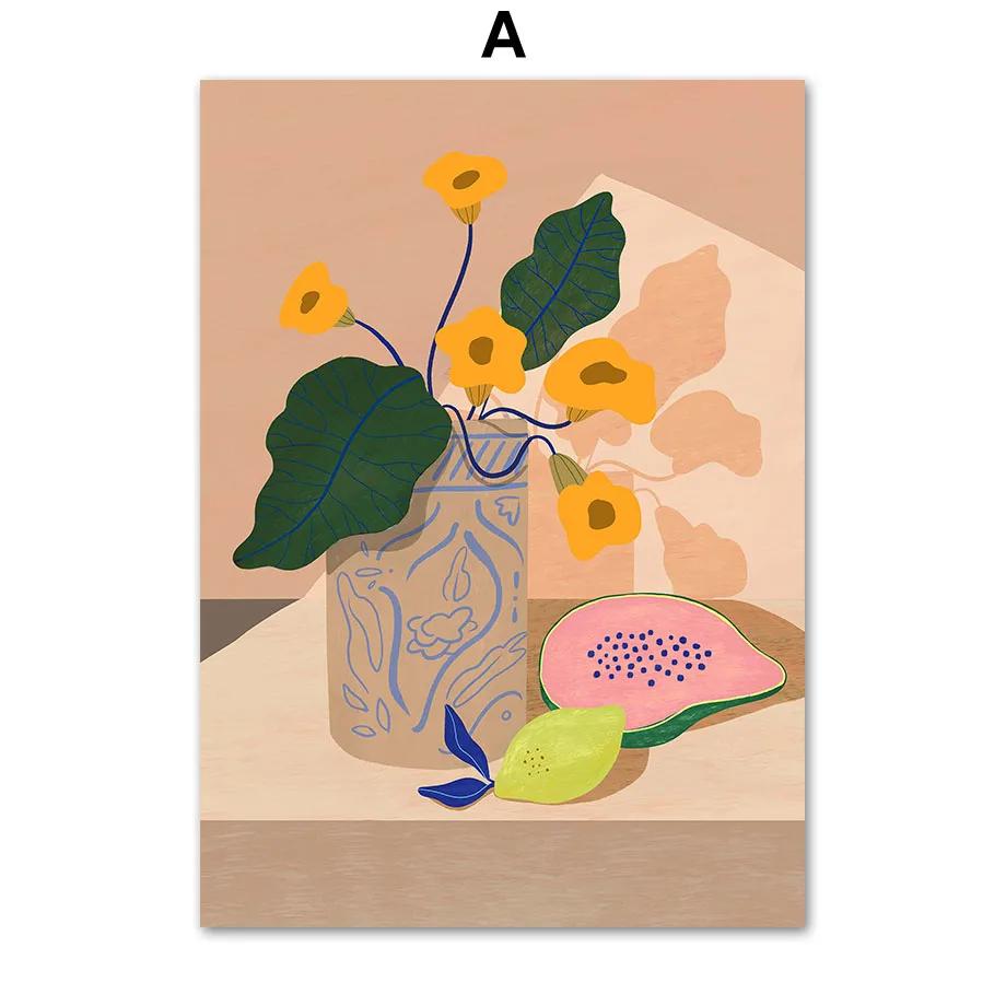 Abstract Lazy Woman Dance Flower Lemon Papaya Fruits Wall Art Print Canvas Painting Nordic Poster Pictures For Living Room Decor
