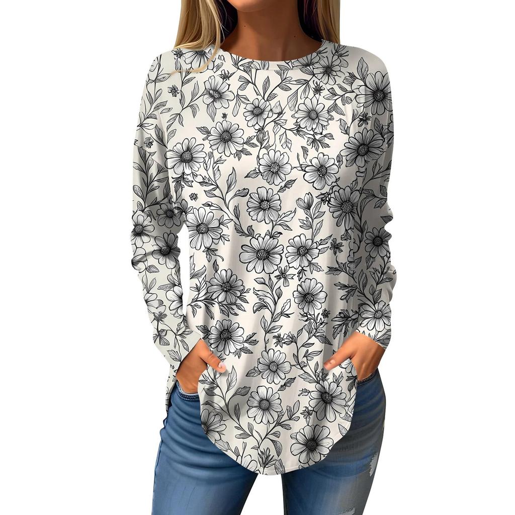 Women's Loose Round Neck Print Long Sleeve T-Shirt Top Pullover