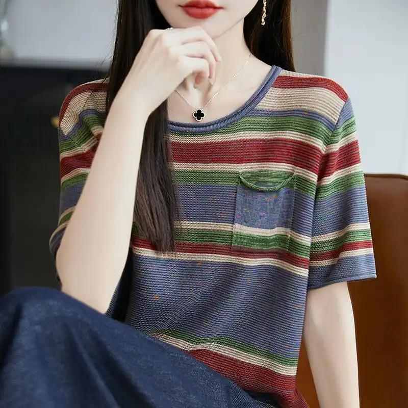 Весна Новый Универсальный Круглый Вырез Контрастный Полосатый Вязаный Свитер, Новые Свободные Короткий Рукав Полосатый Одежда Топы L серый
