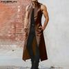 INCERUN Men Stand Collar Sleeveless PU Faux Leather Open Front Casual Long Maxi Cardigan Coats