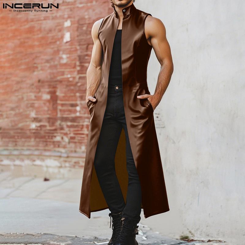 INCERUN Men Stand Collar Sleeveless PU Faux Leather Open Front Casual Long Maxi Cardigan Coats