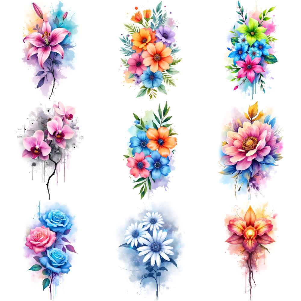 9pcs Temporary Tattoo Watercolor Floral Arrangements Blue Flowers Roses For Shoulders Chest Ladies