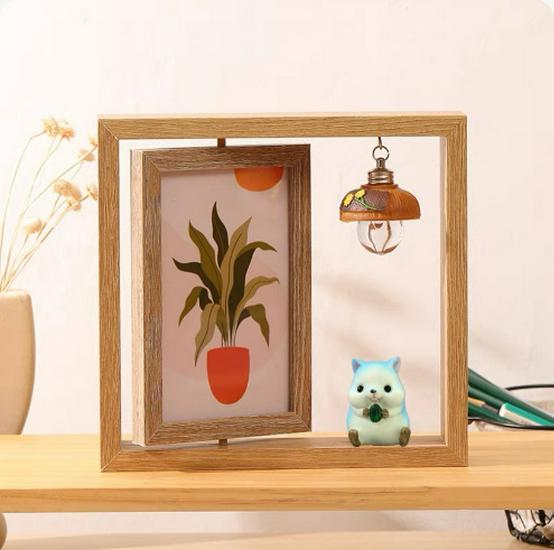 6-Inch Modern Double-Sided Rotating Wooden Photo Frame & Album with Wood Carving Ornament