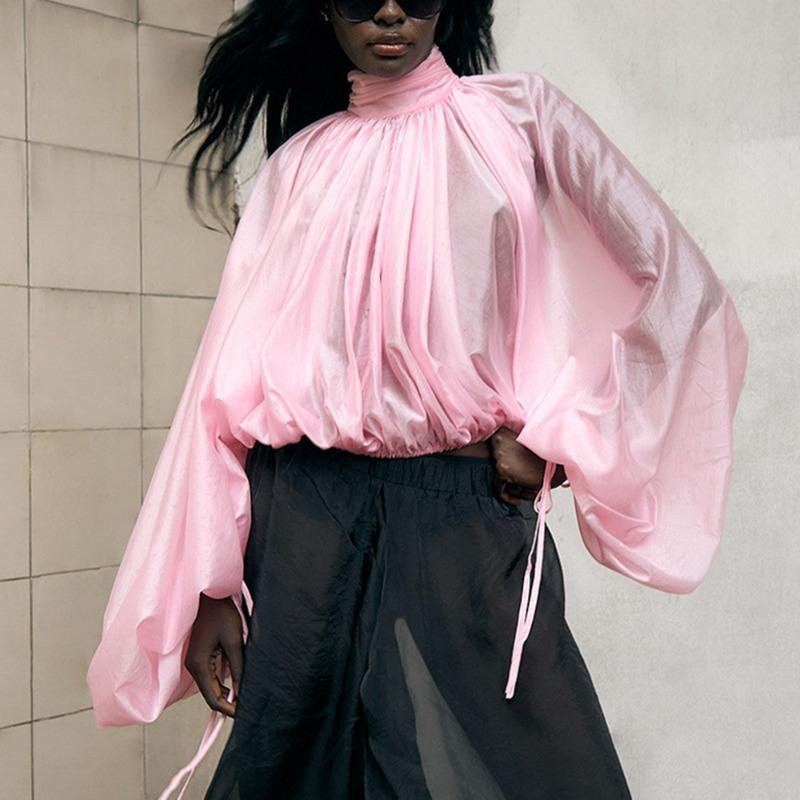 Talenza Spring Pink Blouses Women'S Fashion High-Neck Ruffled See-Through New Shirt Casual Loose Chic Commuter Female Shirt Top