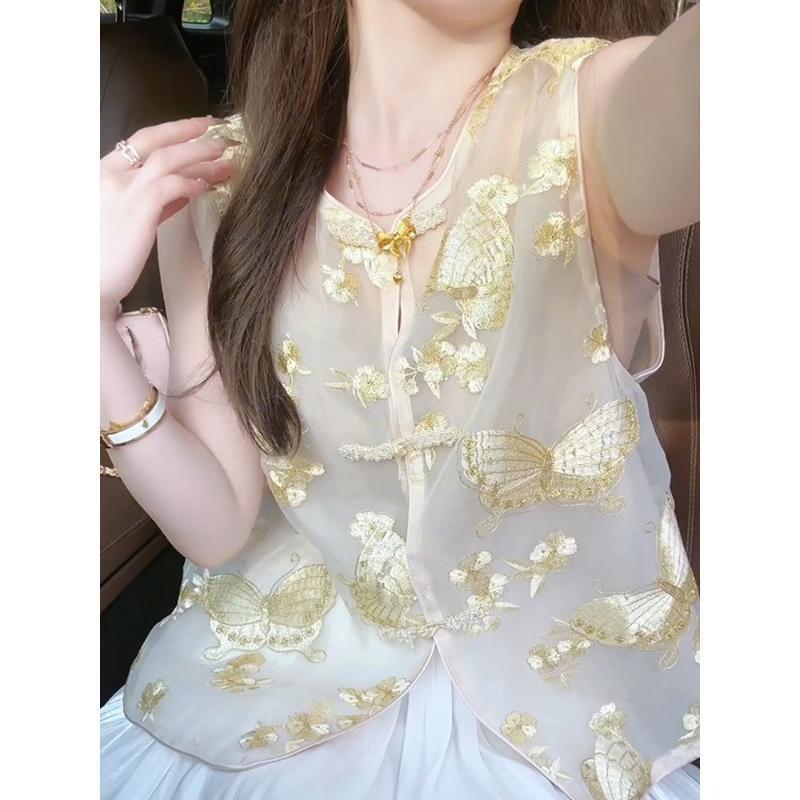 Embroidered sleeveless shirt women's summer luxury high sense 2025 vest vest top