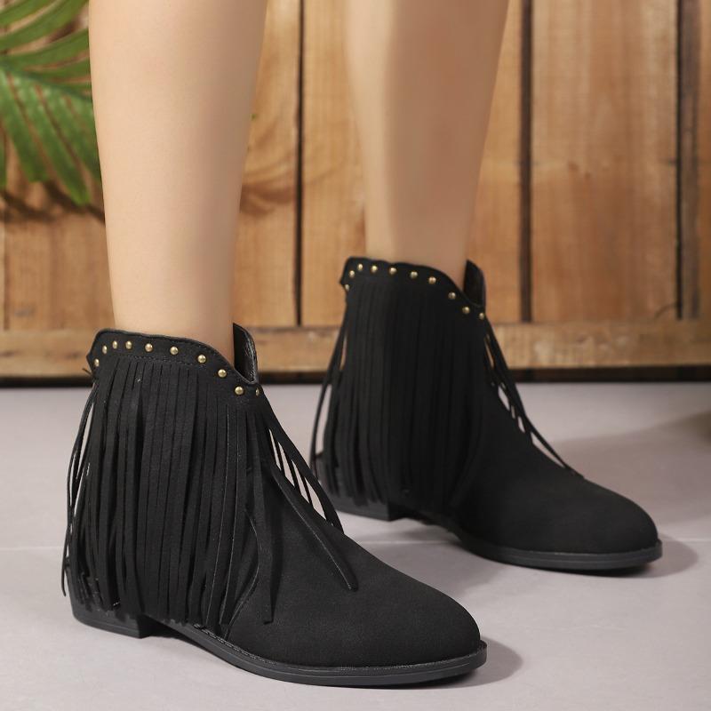 Women's New Vintage Nubuck Booties Women's Pointed Doc Martens Large Size Tassel Studded Western Cowboy Boots