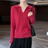 Women's Slim Fit French Polo Collar Long Sleeve Silk-Cotton Knitted Sweater.