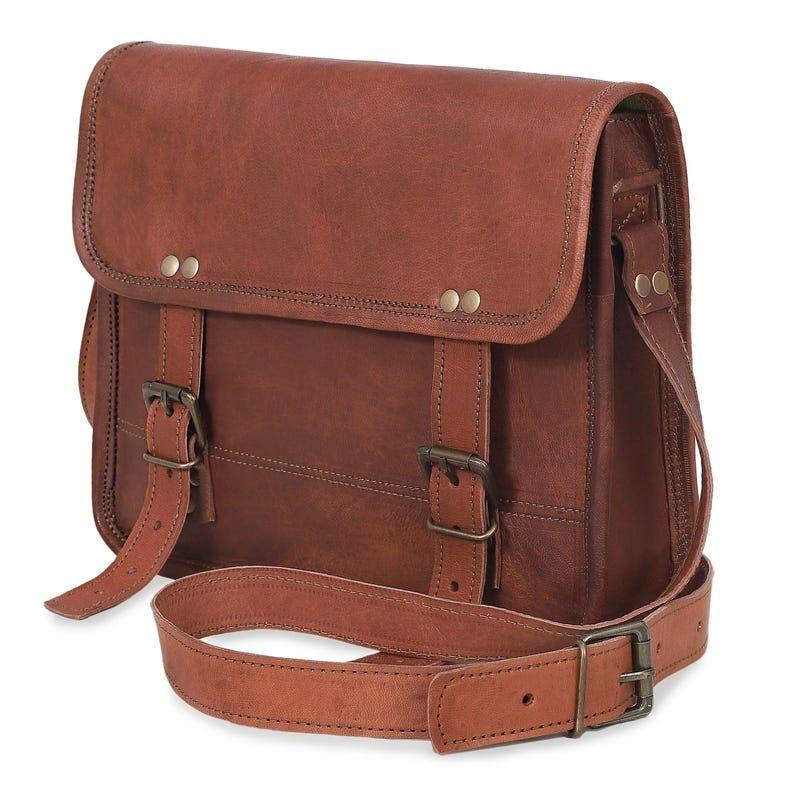 Goat Leather Messenger Bag: Personalized Tablet Satchel, Brown Crossbody