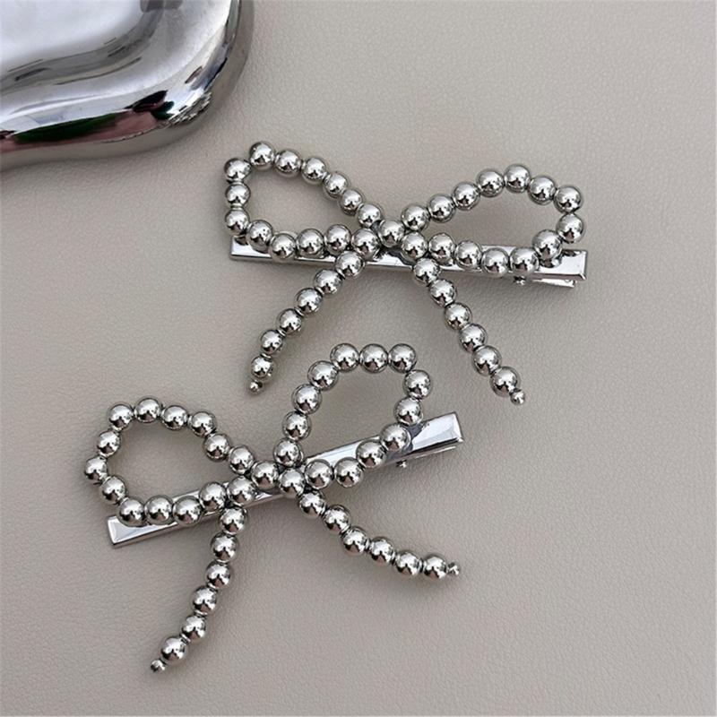 Beaded Hair Clip Aesthetic Hair Bows Bowknot Duckbill Clip Side Pin Nonslip Hair Barrettes for Women Girl Hair Styling