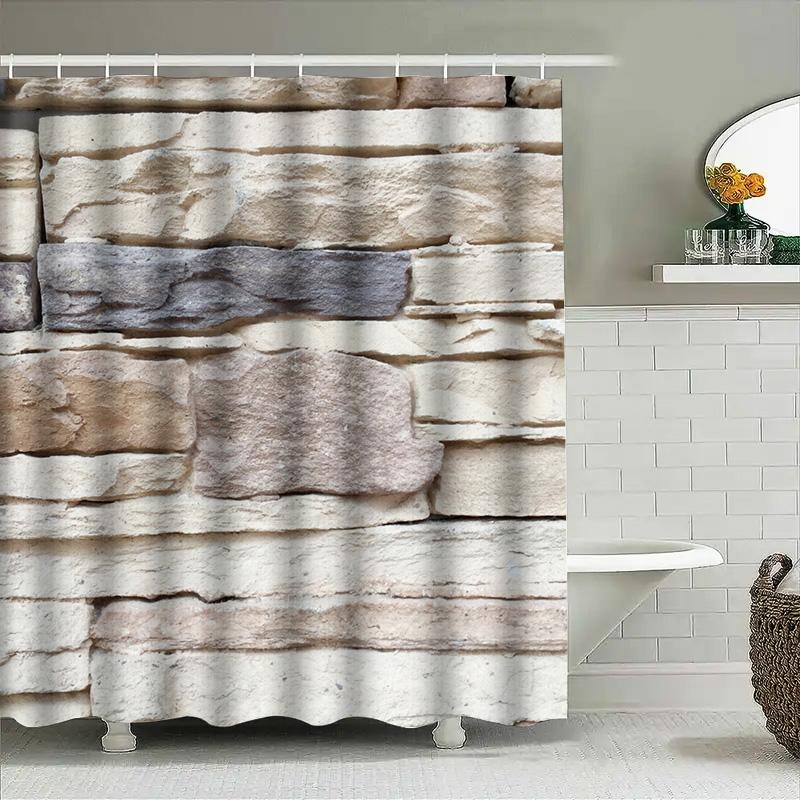 Stone Wall Print Shower Curtain Waterproof Bathroom Decor Waterproof Fabric Decorative Bath Mat Set Home Decor (White)