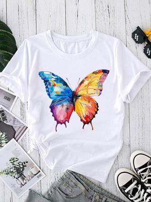 (Asian Size) Butterfly Lovely Short Sleeve T-shirts O-neck Casual Clothing Fashion Female Women's Top T Shirt Printed Graphic Tee