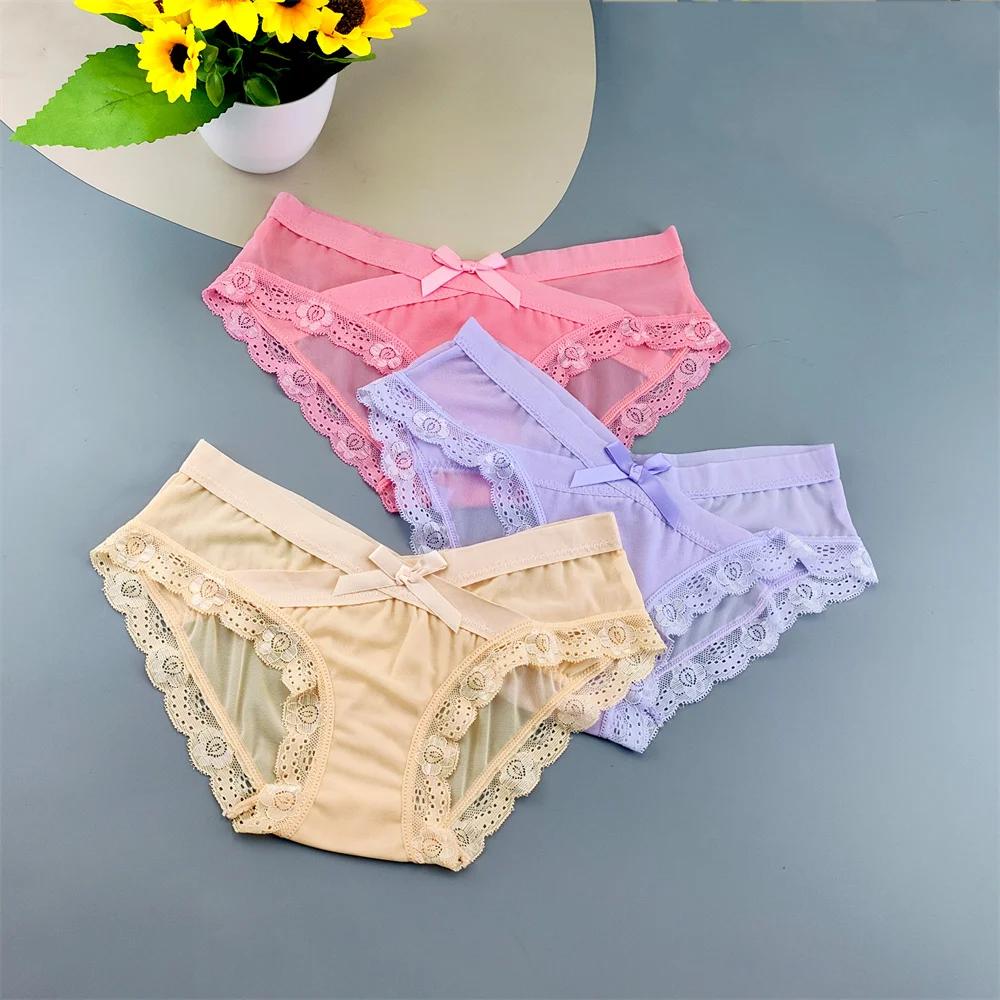 3PC Low Rise Lace Ruffles Women's Mesh Underwear Sweet Ladies Perspective Sexy Briefs Comfortable Panties