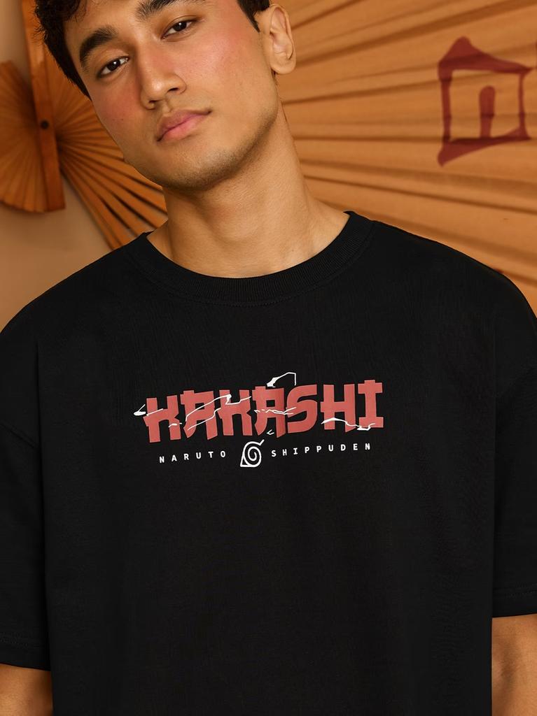 The Souled Store Naruto Shippuden Kakashi Men and Boys Short Sleeves Round Neck Black Graphic Printed Cotton Oversized TShirts