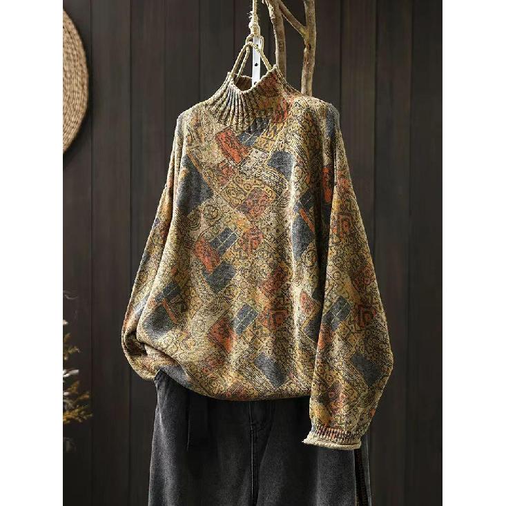 Johnature Niche Print Mock Neck Long Sleeves Vintage Sweater Woman Winter Loose Retro Personality Sweater