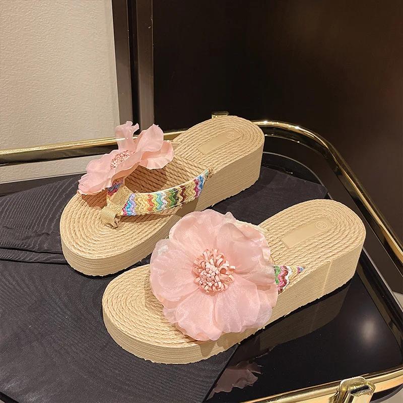 Summer Wedges Flip Flops Shoes Women Flower Thick Bottom Vacation Beach Slippers Casual Middle Hees Slides Zapatos De Mujer