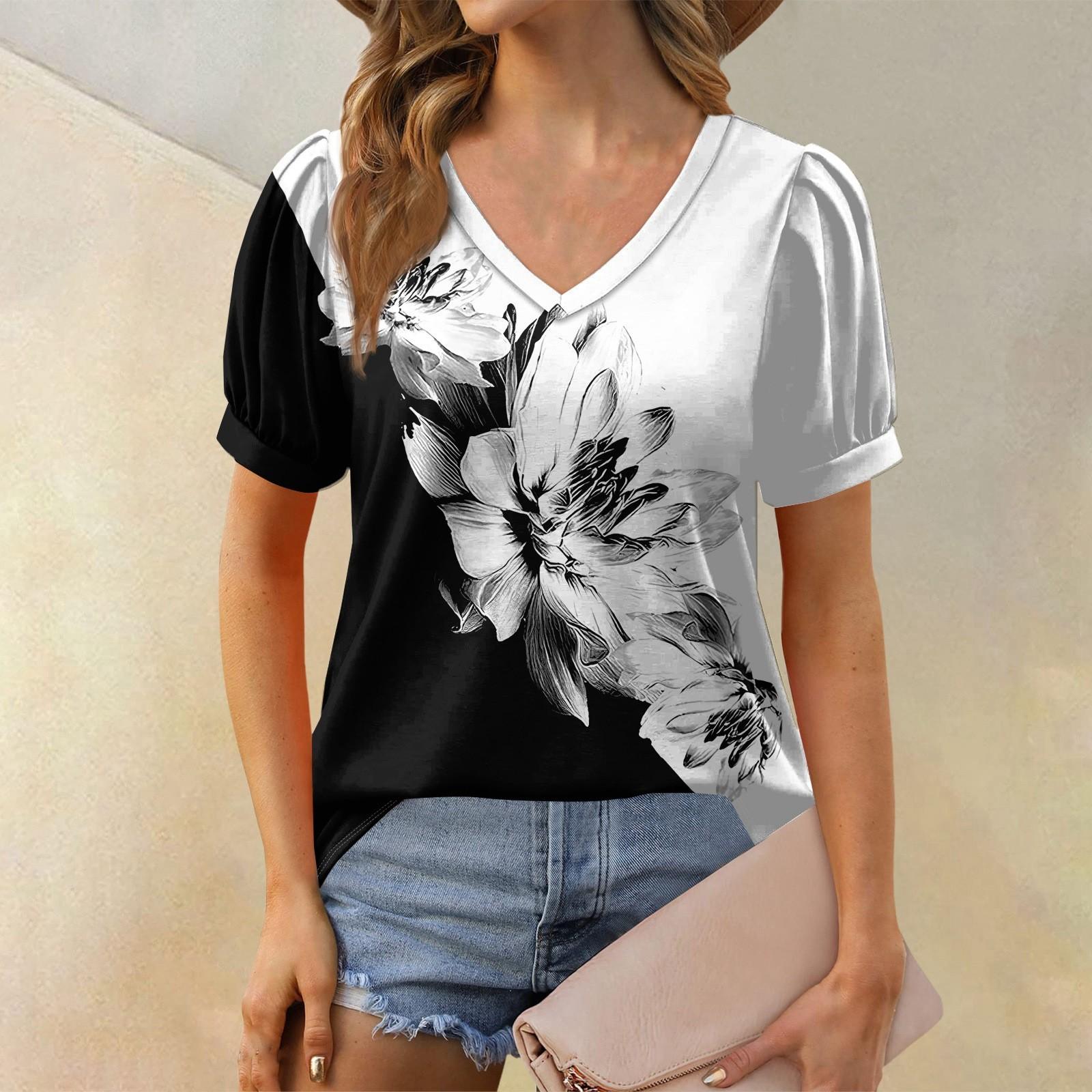 

Женская модная футболка с коротким рукавом и V-образным вырезом, с цветочным принтом, свободная повседневная футболка XL белый