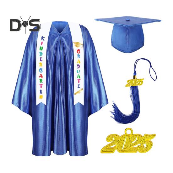 Kinder-Kindergarten-Abschlussuniform mit Quastenhut und Schal, V-Ausschnitt, knielang, lange Ärmel, Reißverschluss, Grundschul-Abschlussrobe für Kinder