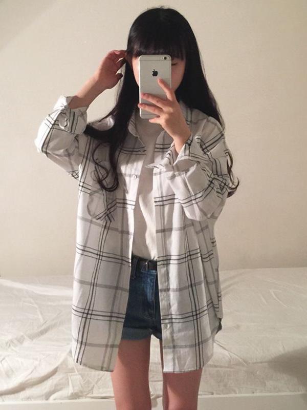 Women's Long Sleeve Plaid Cardigan Shirt - Casual Autumn Loose Fit Top
