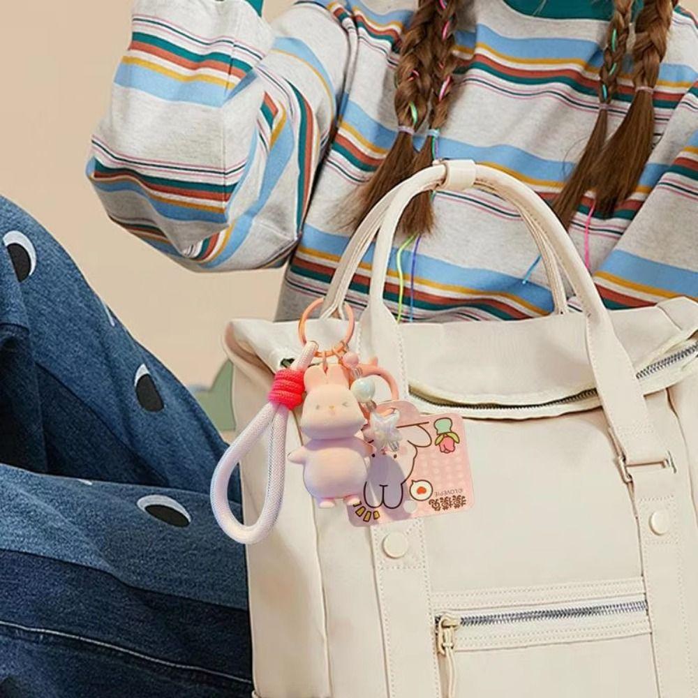 Creative Bunny Key Chain Cute Backpack Pendants Soft Flocking Animal Keyring  School Bag
