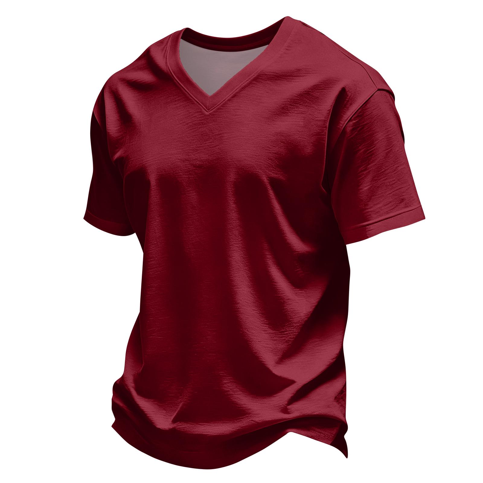 Herren V-Ausschnitt Kurzarm T-Shirt, Lässiges Atmungsaktives Oberteil M weinrot