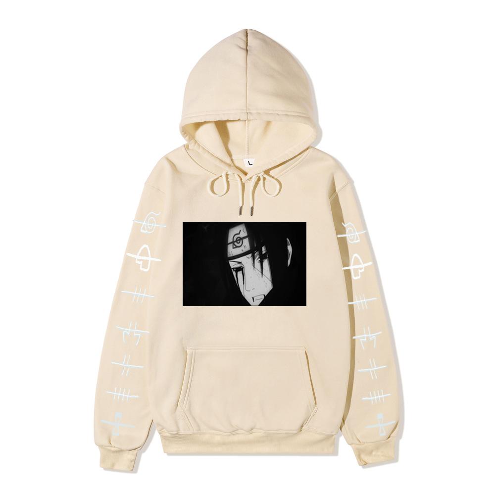 Anime Naruto Itachi Uchiha Hoodie Double Sleeve Symbol Print Character Front Print Pullover Sweatshirt Men Women Streetwear