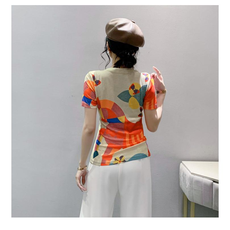 Qooth Women S-3XL Size Short Sleeved Printed Animal Shirt Temperament Fashion Slim Round Neck Pullovers Top QT2190