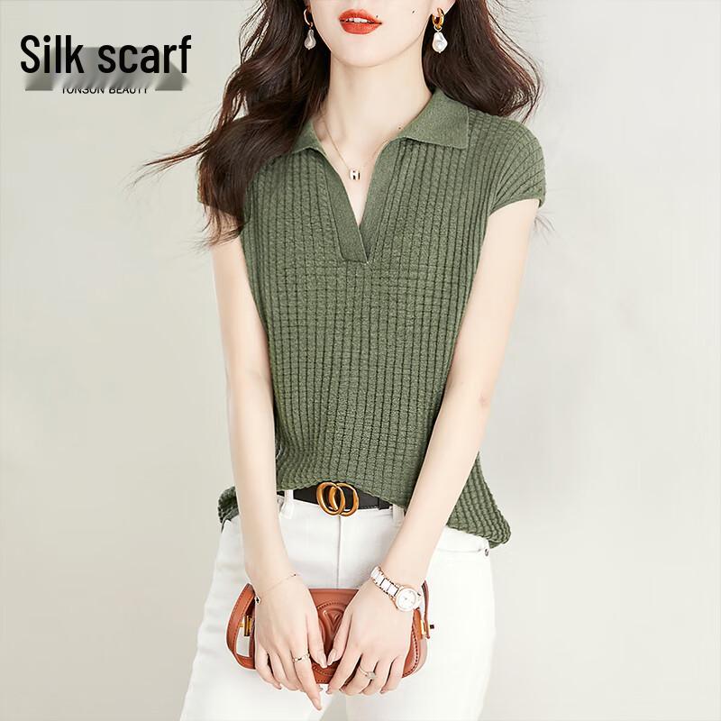 Women s Slim Fit Lapel Knit Short Sleeve Top M