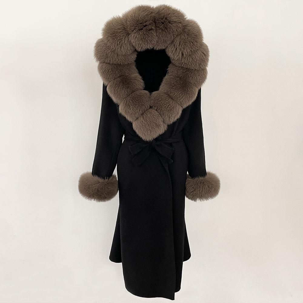 OFTBUY Autumn Winter Women Coat Real Natural Fox Fur Collar Hooded Double-faced Woolen Blends Jacket Thick Warm Casual Overwears