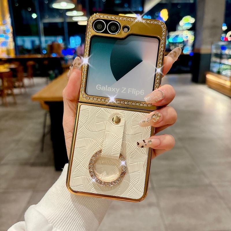 Luksuriøst ensfarget lær galvanisert 2 stk telefondeksel til Samsung Galaxy Z Flip6 Flip5 Flip4 Flip3 Diamantramme Støtsikker Metallring Sammenleggbart deksel