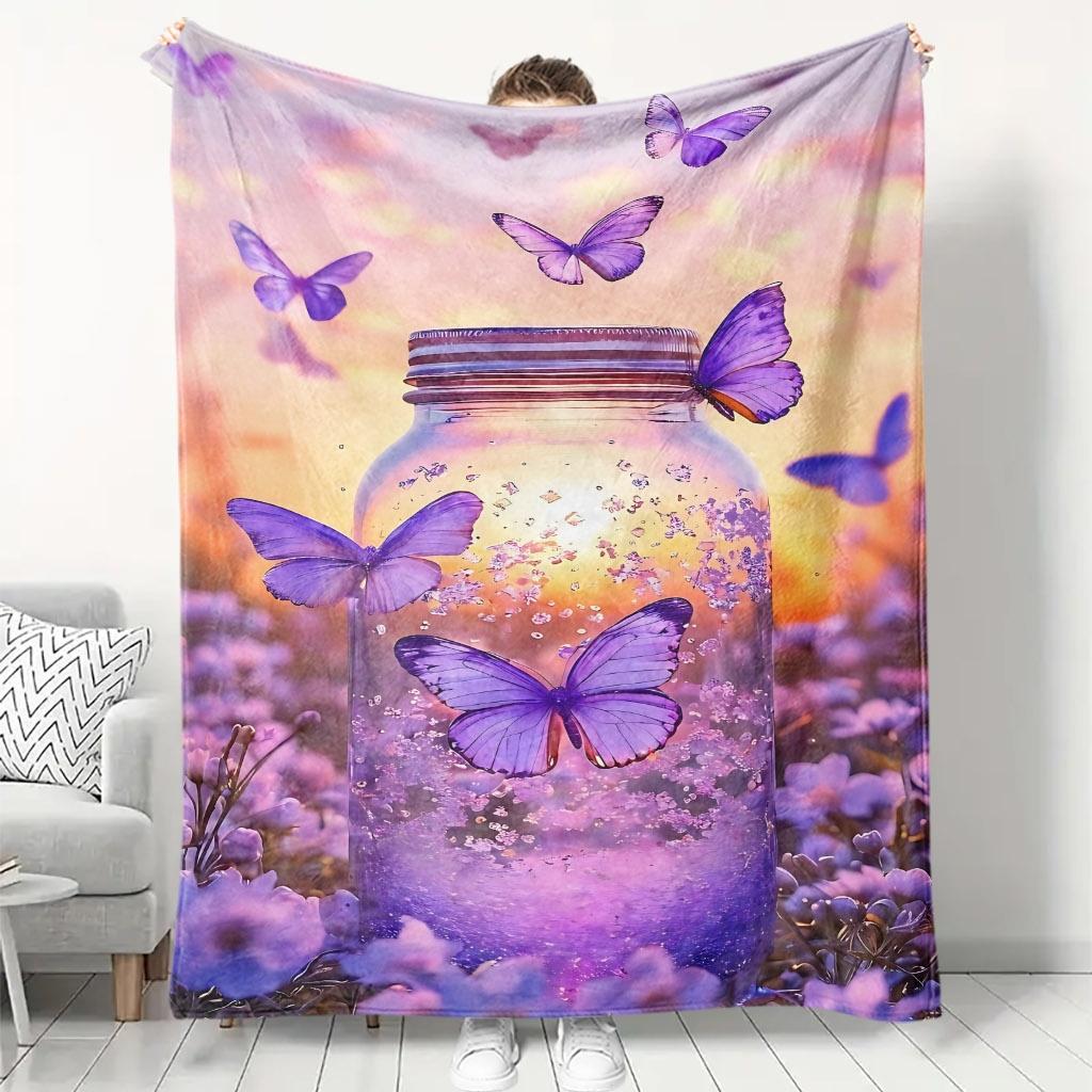 1pc Comfortable Purple Butterfly Bottle Scene Flannel Blanket, 100% Polyester Fiber HD Digital Print, Suitable for All Seasons, Cooling Blanket, Skin-