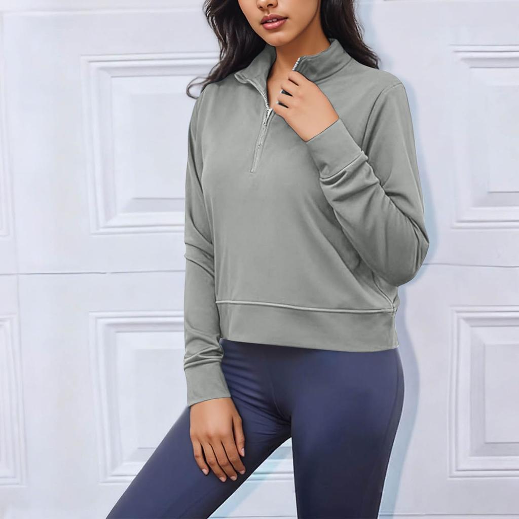 Women's Quarter Zip Pullover Sweatshirt Loose Fit Casual Solid Color Long Sleeve Sweatshirt with Ribbed Cuffs and Hem