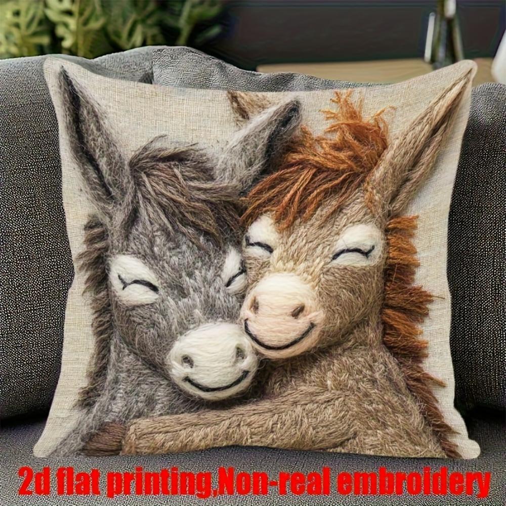 2D flat-Cute Couple Donkey Throw Pillow Cover Warm Farmhouse Animal Decorative Pillow Case Living Room