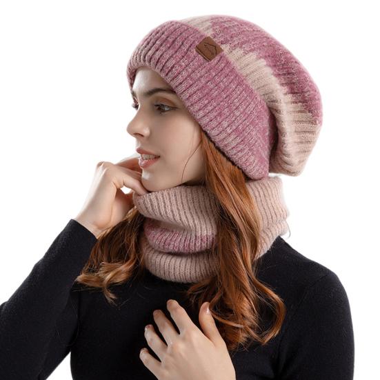 Yousheng 2 Pcs/Set Men Winter Hat Neck Warmer Thick Knit Stretchy Contrast Color Ear Protection Keep Warm Daily Wear Dome Cap Outdoor Skiing Skating