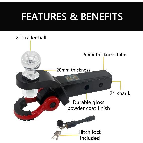 Heavy Duty 2-in-1 Trailer Hitch Ball Mount with Tow Shackle and Pin for Trucks, SUVs, Cars