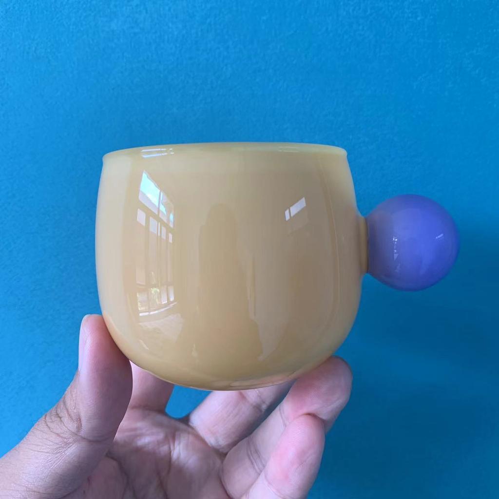 Cute Colorful Glass Cup with Ball Handle Milk Coffee Juice Round Glass Mug Heat Resistant Borosilicate Glass Hot Water Glass
