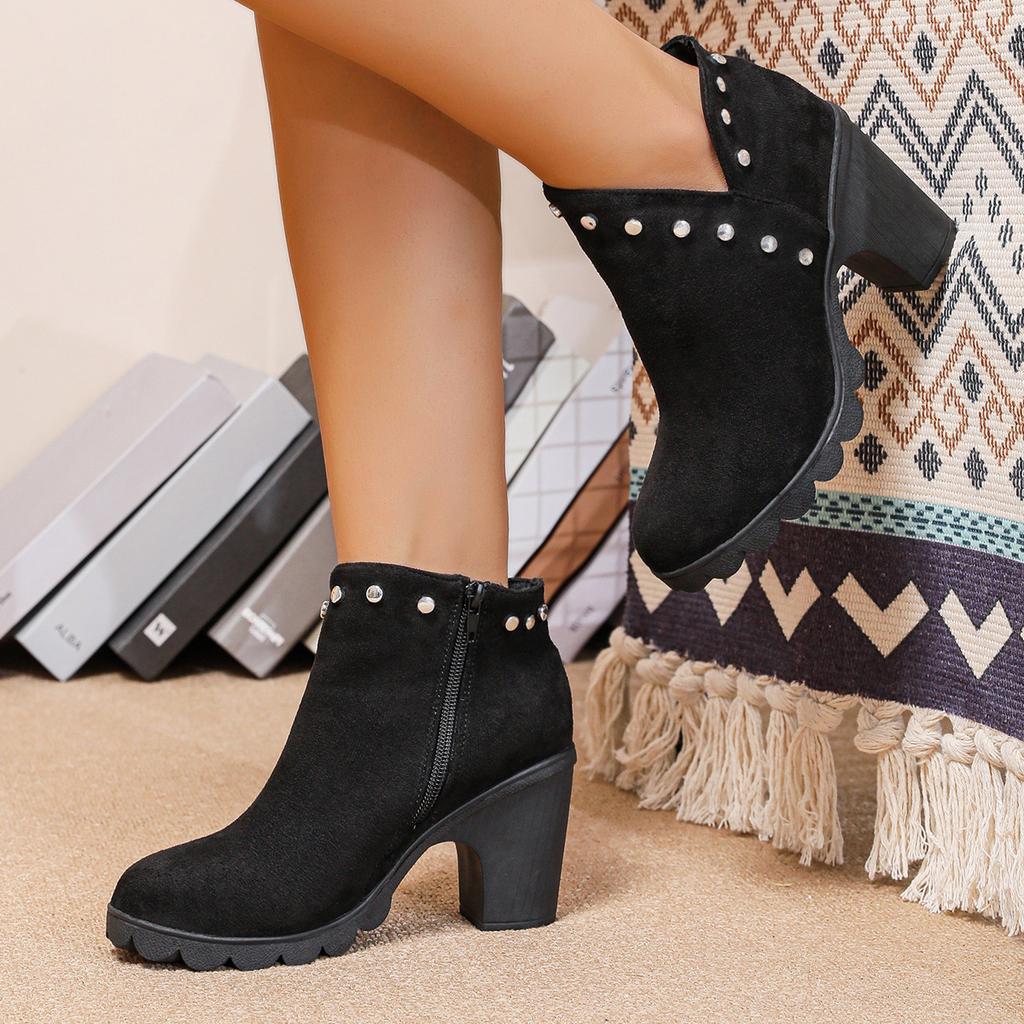 European and American large-size high-heeled fashion boots women's new pointed thick-heeled short boots