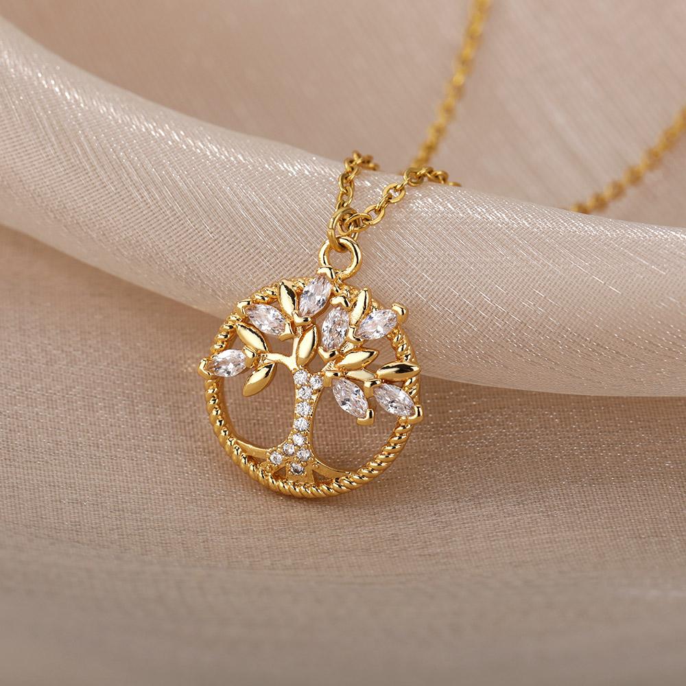 Zirkonové kulaté přívěsky Strom života na krk pro ženy Řetízek z nerezové oceli Choker Obojek s kamínky Šperky Dárek Femme