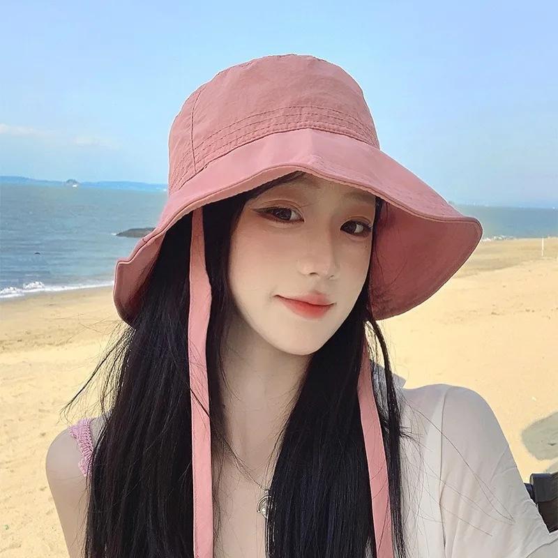Cappello da Pescatore Donna con Lacci Fiocco Protezione Solare Ampia Tesa Estivo Anti-UV Cinturino Cappelli a Secchiello Ragazza Coreana Viaggio Spiaggia Cappelli a Secchiello