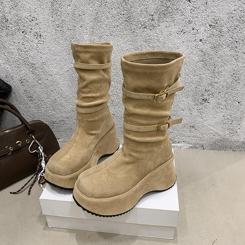Fashion Autumn Winter Vintage Thick Sole Women Mid Calf Boots Fashion Round Toe Stripper Party Shoes Stretch Slim Botas Para Mujer