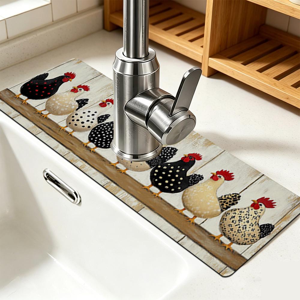1 pièce Poulets Colorés Tapis Absorbant pour Robinet, Tapis de Drainage, Évier de Cuisine, Tapis de Drainage pour Plan de Travail, Lavabo en Terre de Diatomées, Tapis Découpable à Séchage Rapide