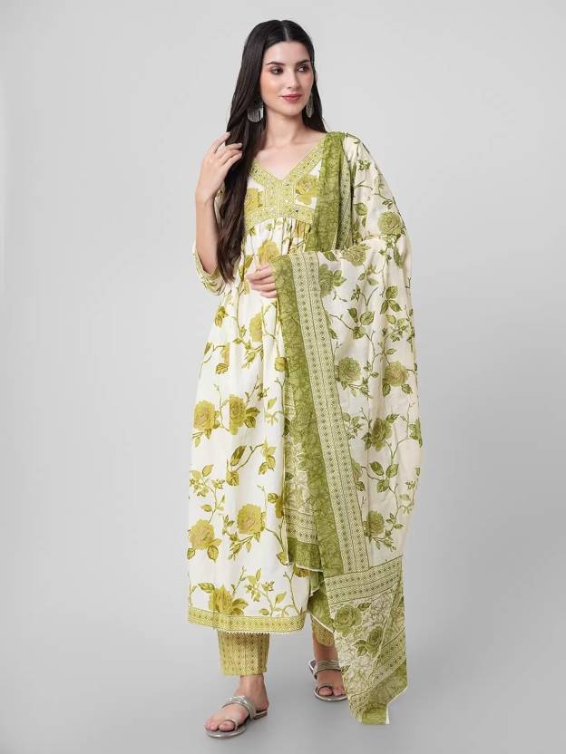 Indisches Damen-Set aus Baumwollmischung, Kurta, Hose, Dupatta, Partykleidung, Designer-Top, Tunika, Kurti, Salwar Anzug