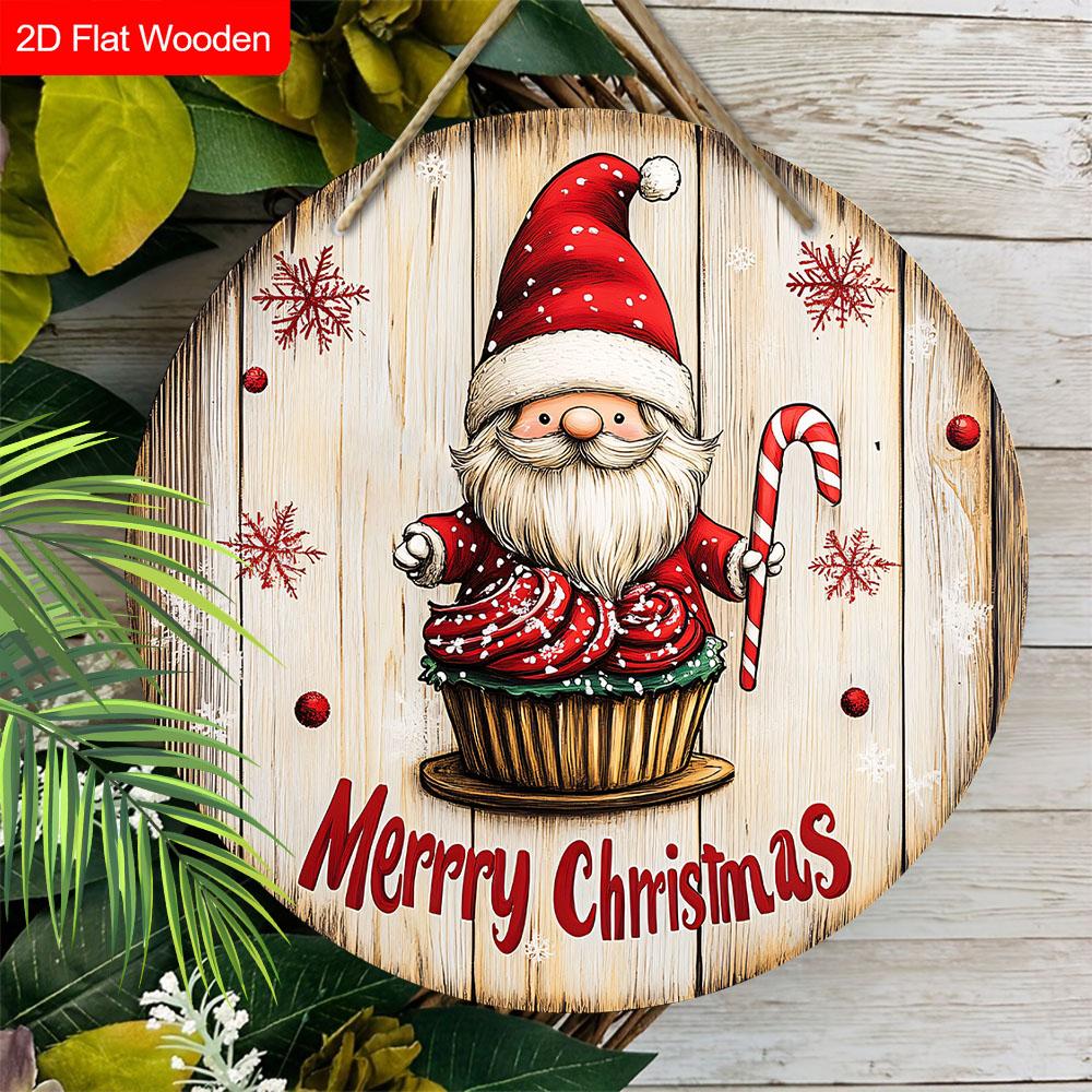 Frohe Weihnachten Holzschild mit entzückendem Wichtelmuster - Navidad Rundes Schild für Haustür, Wandhänge-Dekor - Ideale Weihnachtsdekoration