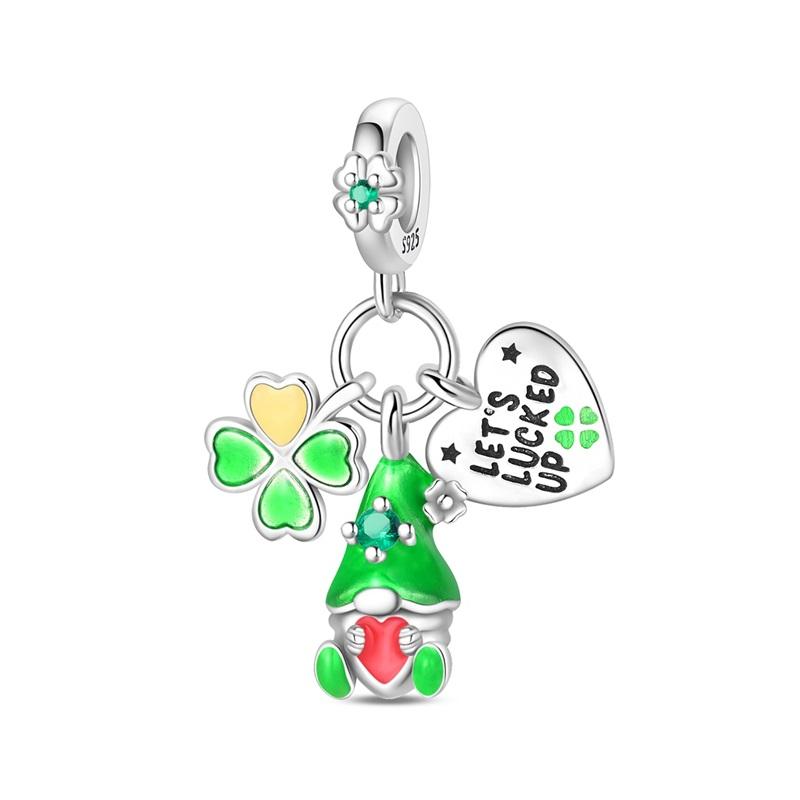 Green Series 925  Silver Dinosaur Bow Puppy Swallow Umbrella Four-Leaf Clover Charm Fit DIY Bracelet Necklace Party Gift