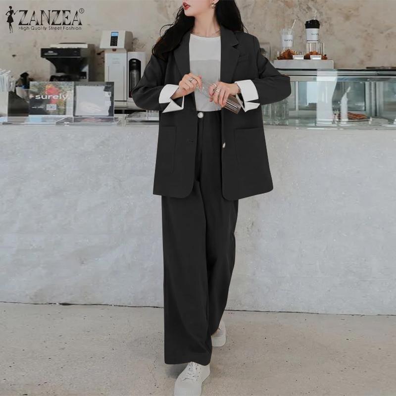 

ZANZEA Blazer Outfits Женский кардиган, блузка и брюки, повседневный костюм из двух предметов