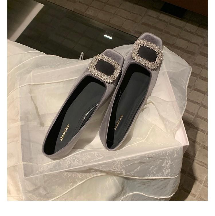 Sheepskin Version~ Grape Mother, the Same Evening Wind Diamond Buckle Round Head Versatile High Heels Suede Thick Heel Light Mouth Single Shoes Women
