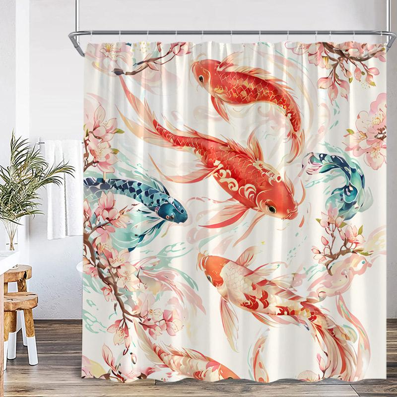 Japanese Style Shower Curtain Pink Cherry Blossom Floral White Crane Mountain Koi Carp Ink Scenery Modern Bathroom Curtain Decor