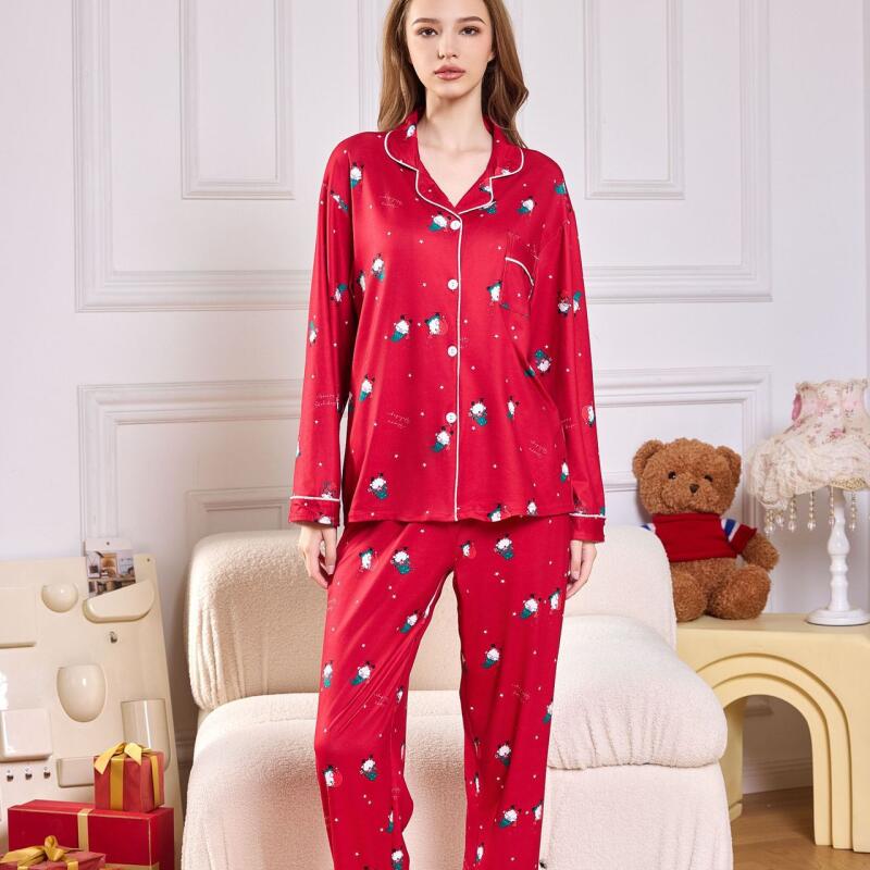 

Женский рождественский новогодний комплект для сна с принтом, состоящий из топа с длинными рукавами, длинных брюк, кардигана и воротника для расслабленной домашней одежды S